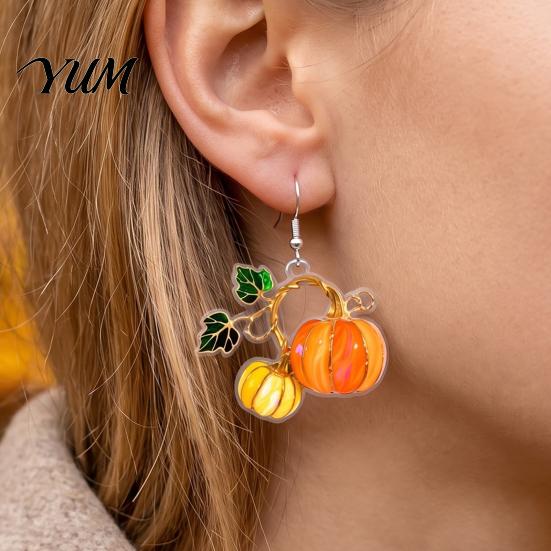 Cute Acrylic Pumpkin Drops 1 Pair Drop Earrings, 2D Fall Harvest Dangle Earrings Fun Seasonal Jewelry for Girls Women, Halloween Thanksgiving