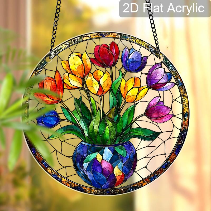 

Acrylic Multicolor Tulip Bouquet Vase Suncatcher Stained Glass Effect Window Hanging Ornament Floral Themed Gift for Home 20cm/7.87Inches