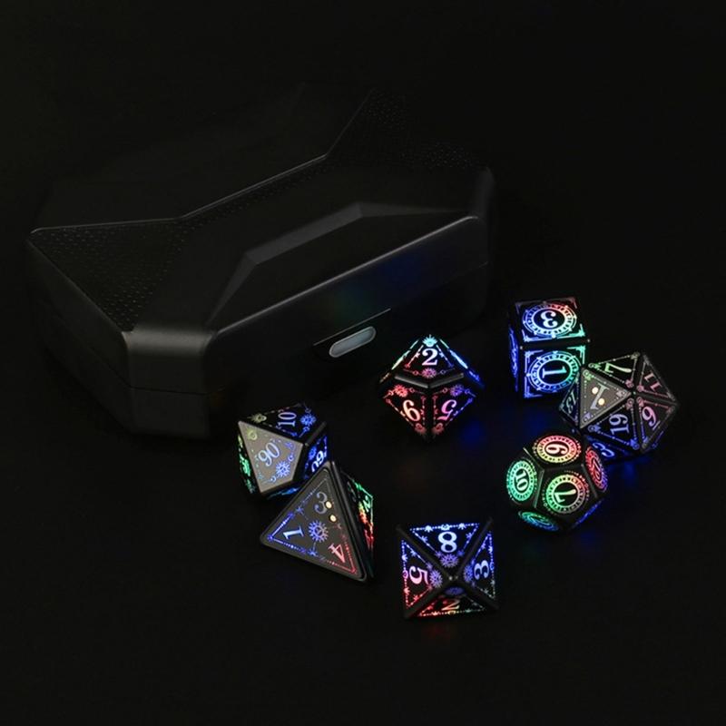 7Pcs Glowing Polyhedral Dices with Charging Box Rechargeable LED Colorful Light Electronic Dices for Role Playing Game