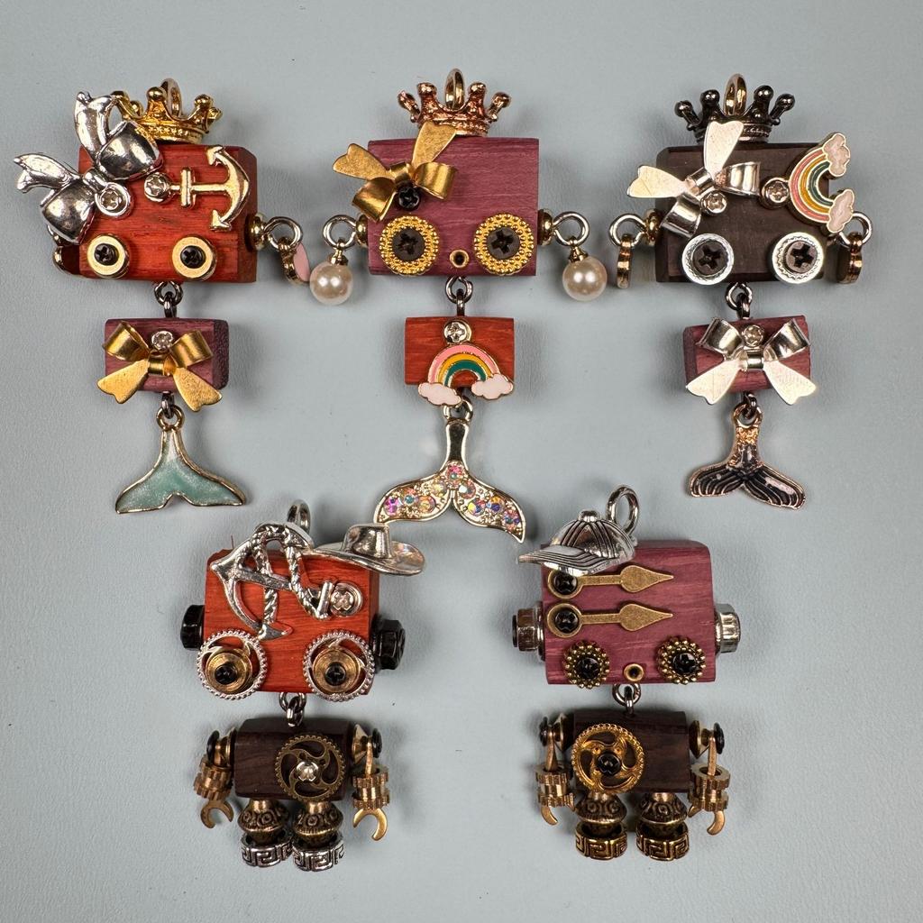 Handmade Zodiac Design Steampunk Robot Alloy Necklace Pendant Wooden Keychain Charm Unisex Phone Chain Accessory