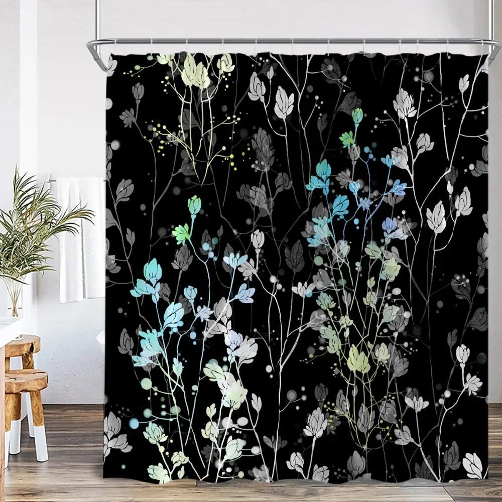 Vintage Floral Shower Curtain Plant Butterfly Floral Bathroom Curtain Decorative Polyester Bathtub Curtain With Hook