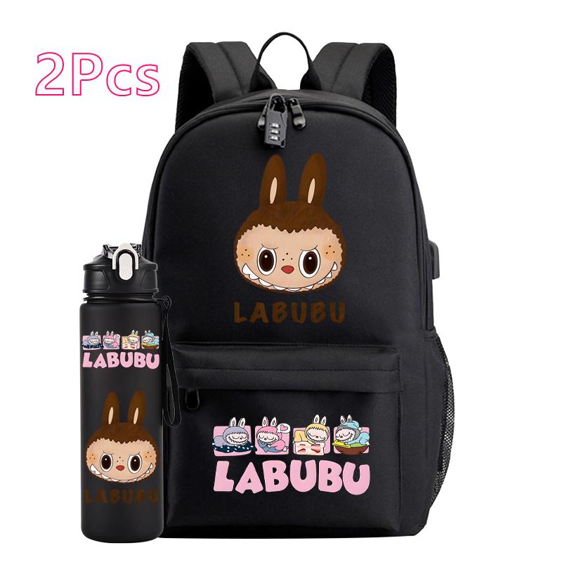 2Pcs/set Cute Canvas Printed Backpack Water Bottle Boy Girl Teen Student Schoolbag Backpack Women Anti-Theft Laptop Travel Bag