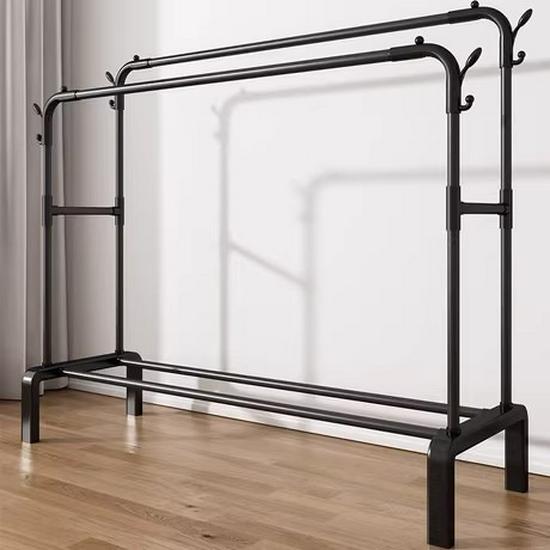 Plastic Floor-Standing Balcony and Bedroom Clothes & Hat Rack, with Folding Drying Pole and Storage.