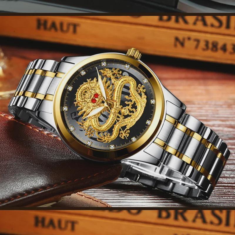 FNGEEN Men's Watch Light Luxury Relief Golden Dragon Watch Waterproof Diamond Inlaid Ruby Mens Quartz Watch