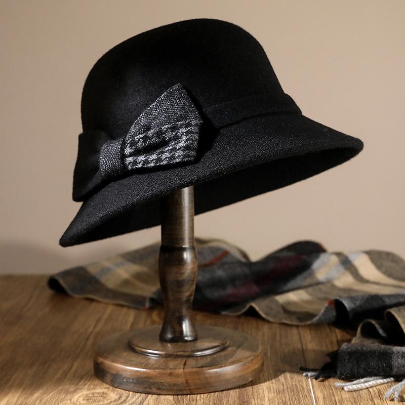 

Осень и зима новая высококлассная шляпа-котелок с бантом женская модная универсальная шерстяная шляпа-ведро женская шляпа чёрный