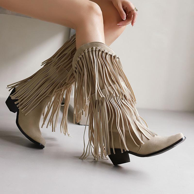 Autumn and winter new ebay supply fringed  boots size small square head solid color versatile high heel medium boots