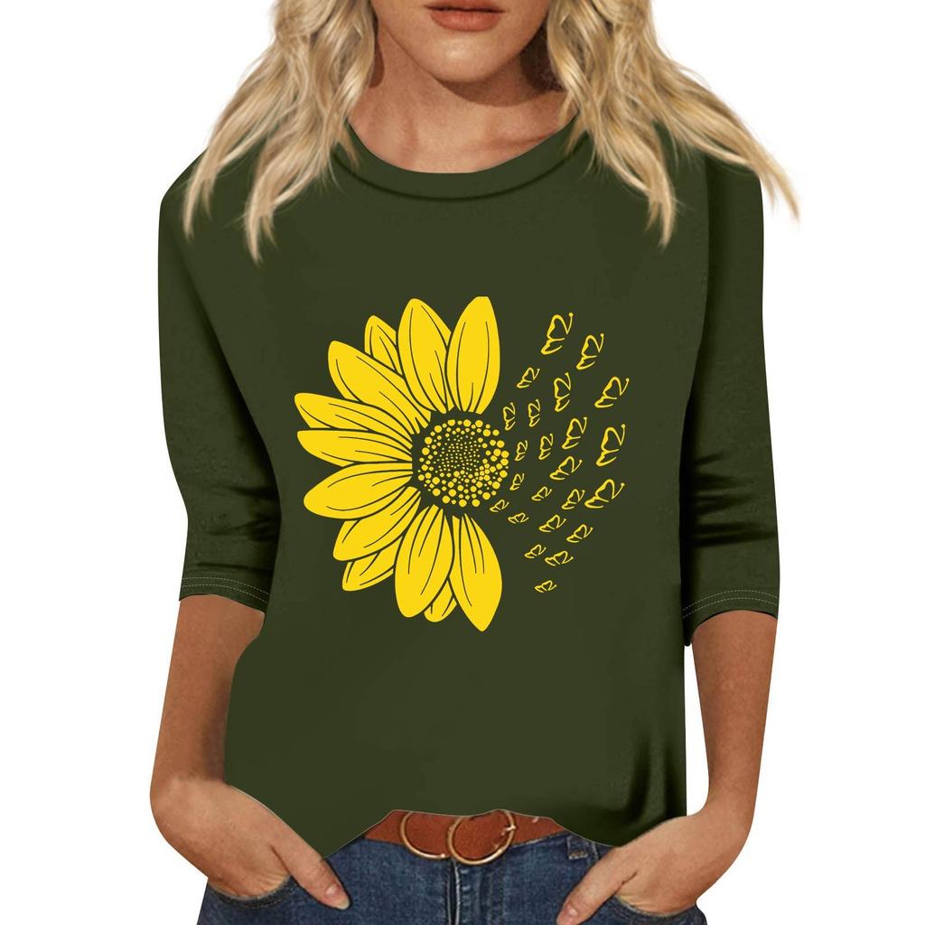 Women's Fashion Loose Casual Seven 3/4 Sleeve Printed Round Neck Pullover Top