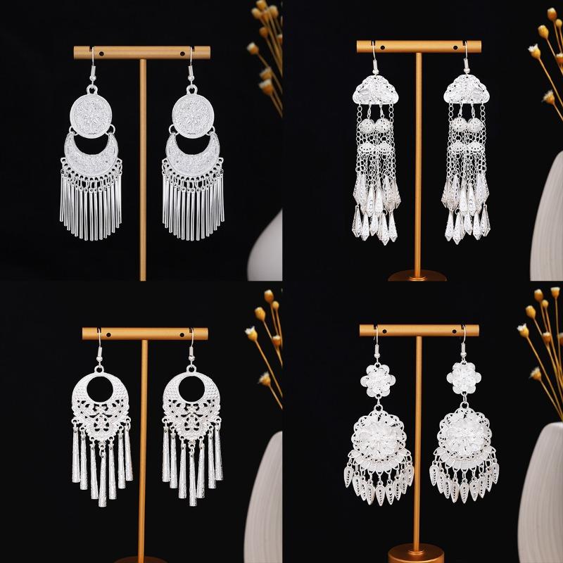 New Miao Long Tassel Minority Earrings, Light Luxury Miao Silver Exaggerated Fashion Temperament Earrings