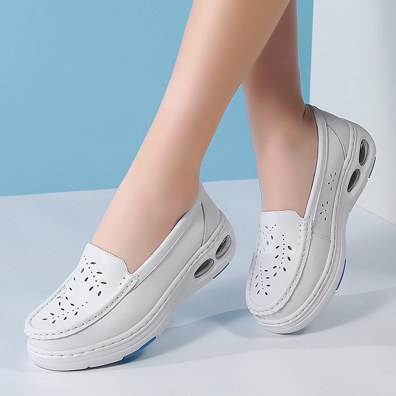 Fashion Women Genuine Leather Wedges Casual Shoes Loafers Soft Nurse Work Shoes Breathable Comfortable Non-slip White Nursing Shoes
