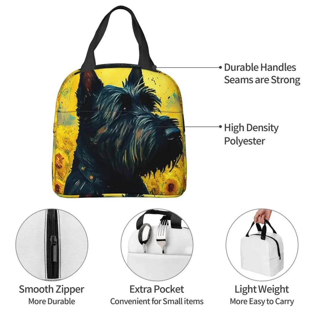 Scottish Terrier Sunflower Painting Adorable Dog Insulated Lunch Bag Cooler Thermal Food Box Tote Portable Lunch Boxes Container