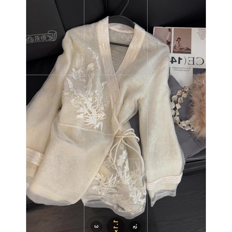 Dámská síťovaná halenka s výšivkou v čínském stylu, vílí V-výstřih se vzorem