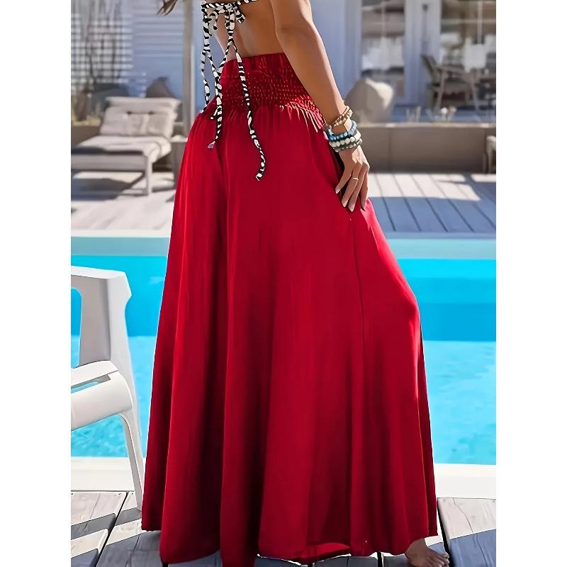 Spring Summer Solid Color High Waisted Ice Silk Trousers Casual Versatile Elastic Pocket Wide Leg Pant