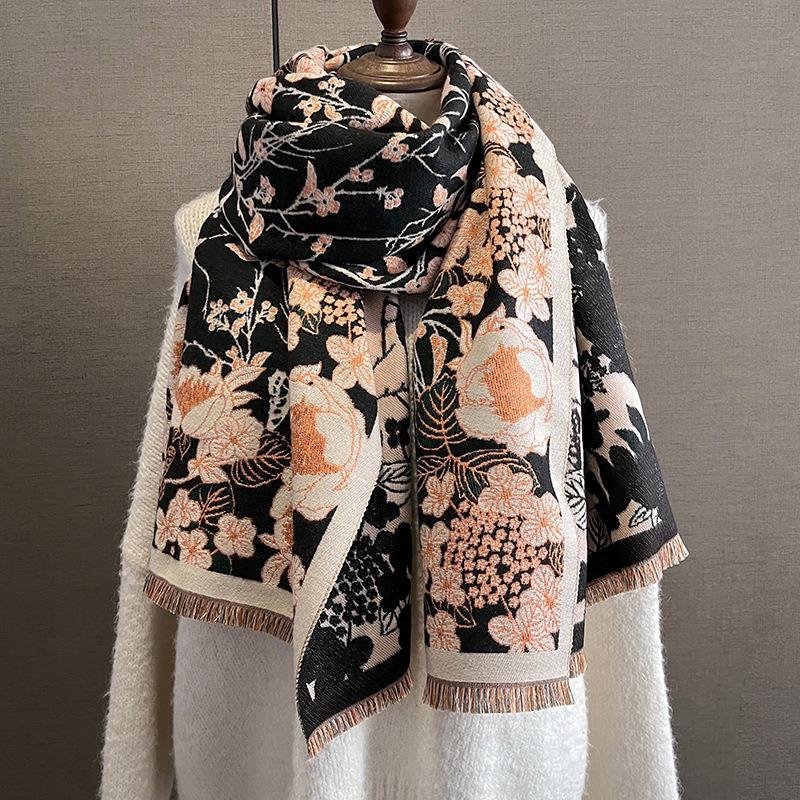 Women S Floral Pattern Faux Cashmere Scarf Winter Warm Fashionable Shawl