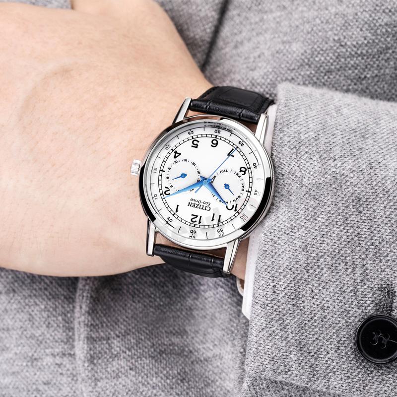 Citizen 30 Meters Water Resistant Eco-Drive Quartz Watch Leather Strap Men Watches White AO9000-06B