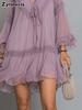 New Women's Purple Tie-Up Ruffled Chiffon Dress Fashion Vacation Style