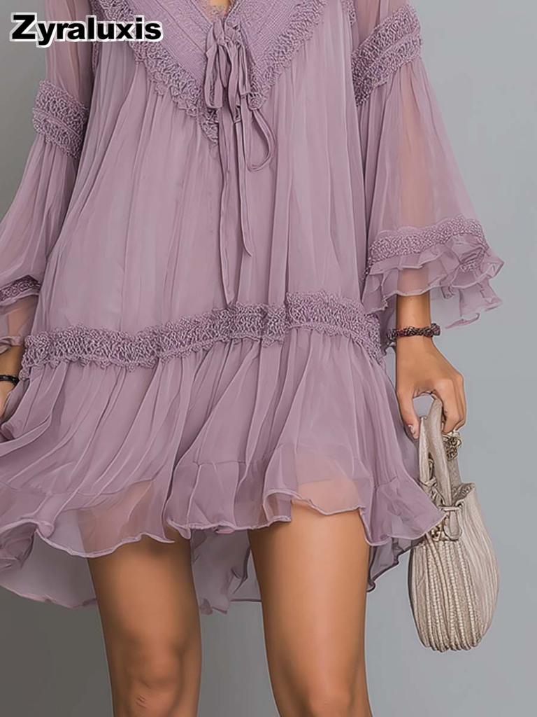 New Women's Purple Tie-Up Ruffled Chiffon Dress Fashion Vacation Style