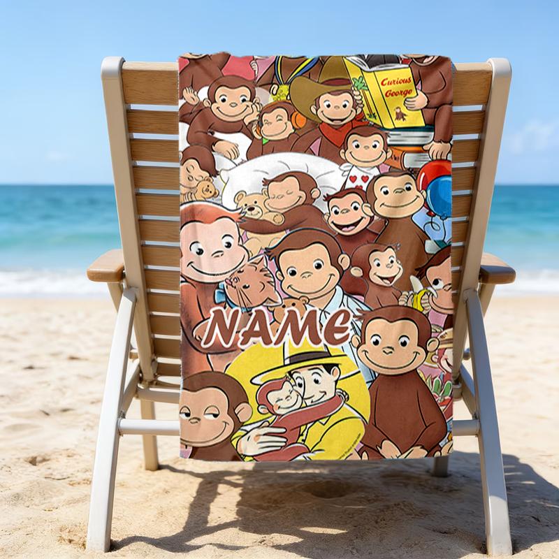 1pc Curious George2 Beach Towel with Custom Name, Beach/Swimming/Bath/Picnic/Camping Towel, Suitable for Seaside Beaches