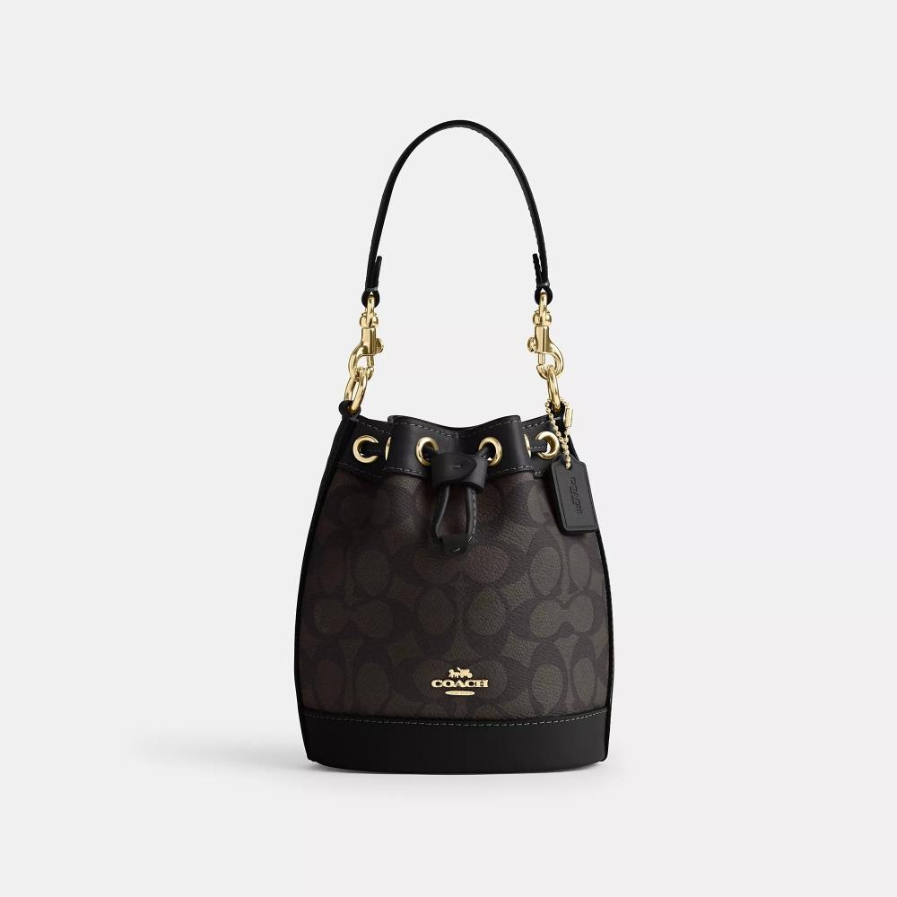 

Coach MIni Bucket Bag In Signature Canvas Gold Walnut Black One Size
