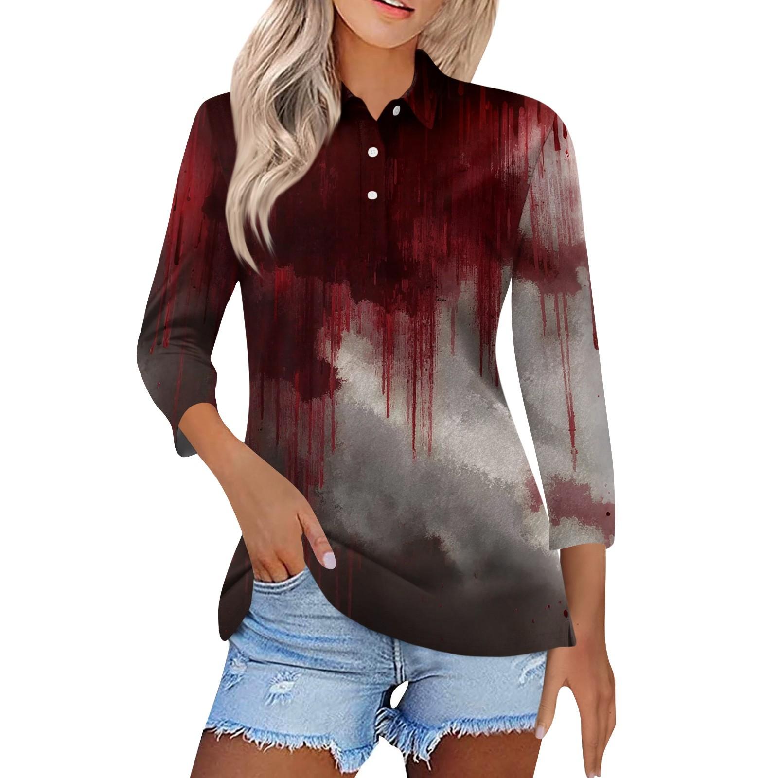 

Women s Fashion Casual Lapel Short 3/4 Sleeve Halloween Print Shirt Women s Button Up Tops XL винний
