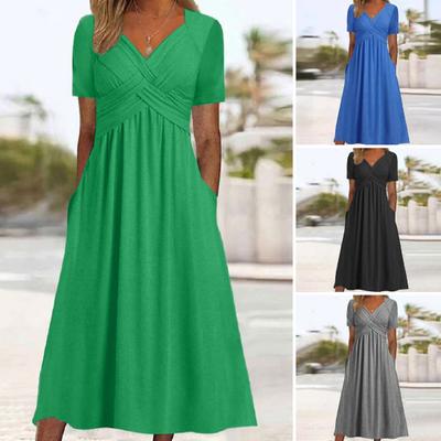 Women Summer Dress Pleated Cross Strap V Neck Short Sleeves Pure Color Pockets A-line Loose Hem Breathable Soft Dating Commute Midi Dress