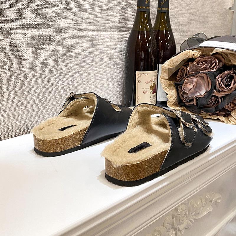 Su Yinjia has the same cotton mop with strong autumn meaning~ retro double-buckle velvet cotton slippers thick-bottomed Boken fluffy slippers