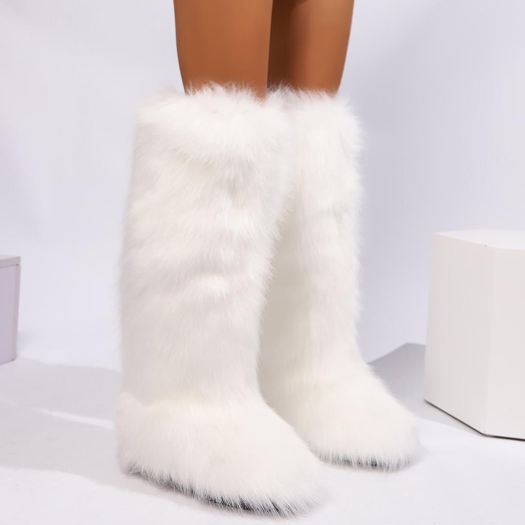 Womens Knee High Fuzzy Faux Fur Boots - Soft, Warm, and Comfortable Slip-on Design with Flat He Ladies Plush Warm Platform Shoes