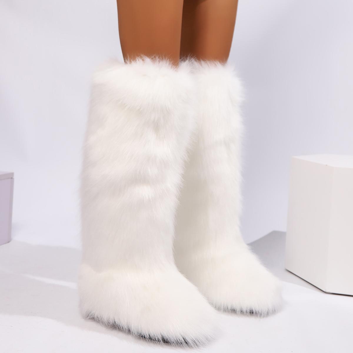 Damen Kniehohe Fuzzy Kunstfellstiefel - Weich, warm und bequem zum Hineinschlüpfen mit flachem Absatz Damen Plüsch Warme Plateauschuhe 41 weiß