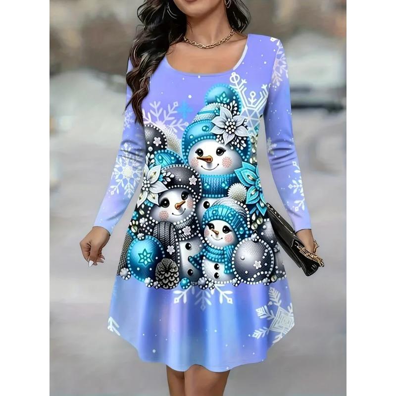 Christmas Snowman Printed Dresses For Women Winter Long Sleeve A-Line Dress Fashion Casual Cute Ladies Party Dress Vestidos