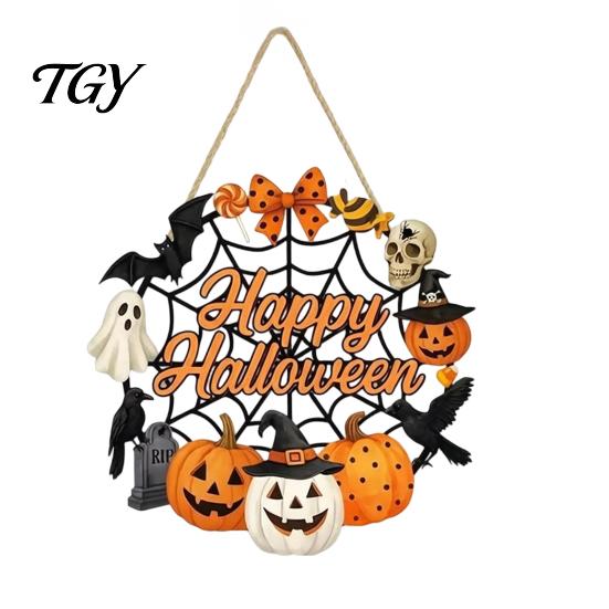 Fall Front Porch Signs Halloween Wooden Wreath Door Hanger Sign, Pumpkin Ghost Black Cat Witch Weatherproof Wall Decorations Bat Patterns, Hanging