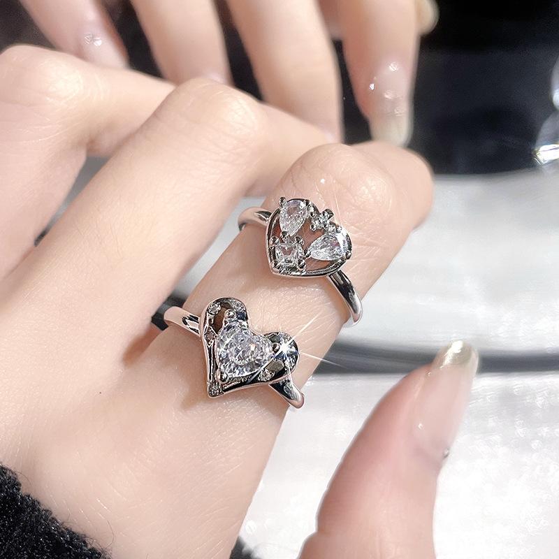 Heart Mang Qimeng~ Love Zircon Sweet Cool Wind Open Ring Diamond Ring Female Super Flash Fairy Ring Niche Index Finger Ring