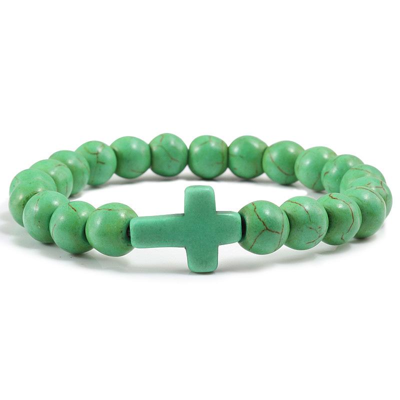 Turquoise Cross Elastic Yoga Bracelet with Black Volcanic Stone