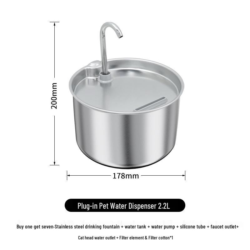 2.2L Stainless Steel Pet Water Fountain with Multi-Stage Filtration & Ultra-Quiet Continuous Flow for Cats