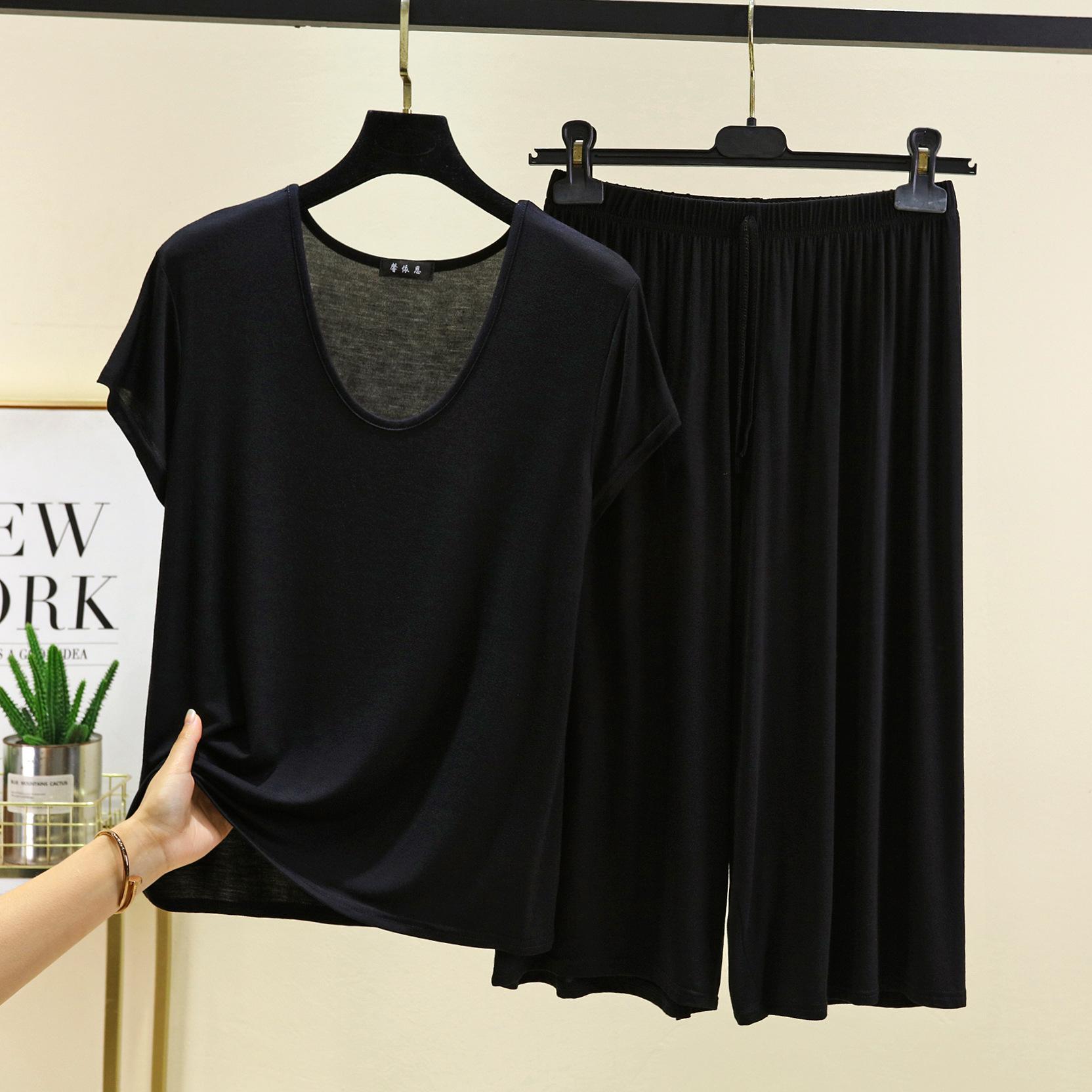 

M-6XL Plus size Modal Homewear комплект из 2 предметов: футболка с коротким рукавом и брюки длиной до икры, однотонные свободные пижамные комплекты, женская одежда для сна M чёрный