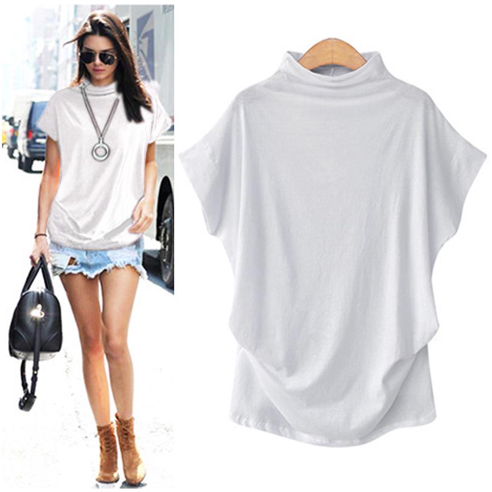 Plus Size Women's Solid Batwing Sleeve T-Shirt - Half-High Collar, Loose Fit, Polyester-Cotton Blend, Short-Sleeve