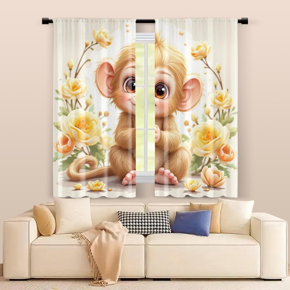 2 Pcs   Filtering Curtains (excluding Rods   Non-movable   Without Batteries) Cute Monkey for Use In Bedrooms and Living Rooms