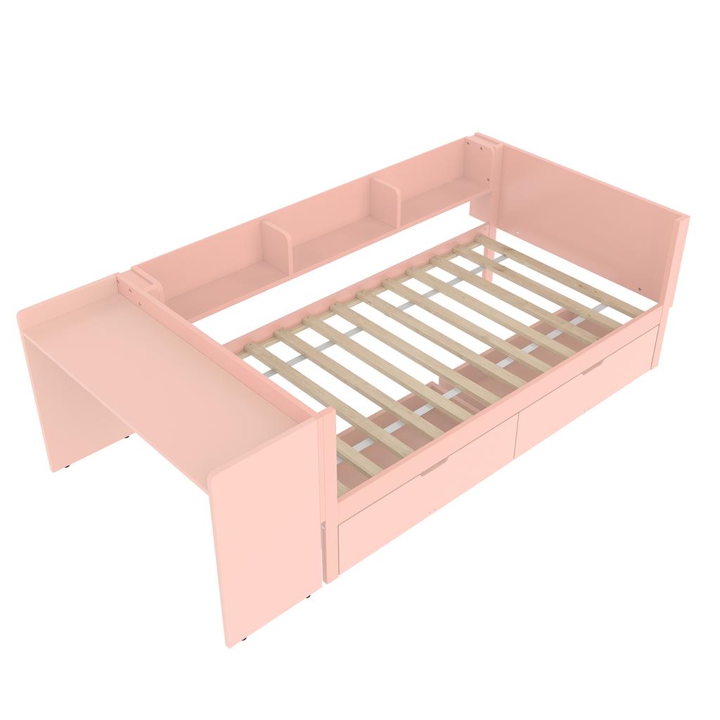 Letto Basso, Letto in Legno, 90x200cm, con Scrivania, Dotato di 2 Cassetti, Letto Singolo(Senza materasso), con Ripiani, Pino+Pannello Truciolare, Rosa