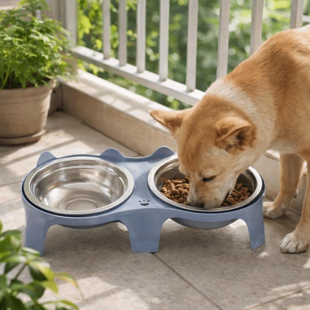 Stainless Steel Pet Double Feeder Bowl Large Capacity Anti-Tip Dog Food Bowl Non-Skid Base No Spill Elevated Pet Bowl Multi-Pet