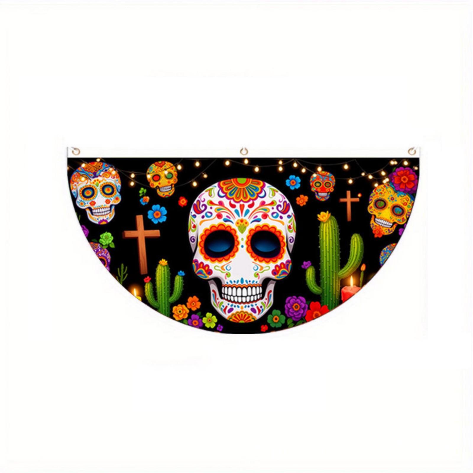 

Halloween Fan Shaped Banner Polyester Festival Decoration Ghost Pumpkin Atmosphere Photo Prop 90x45cm Half Circle Hanging Flag One Size