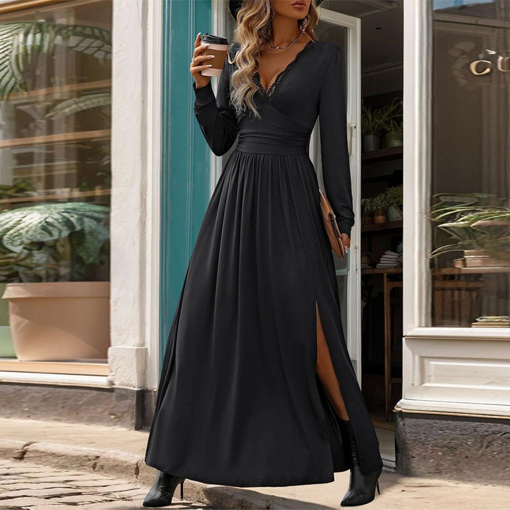 Women's Autumn Solid Split High Waist Slim Fit Long Dress