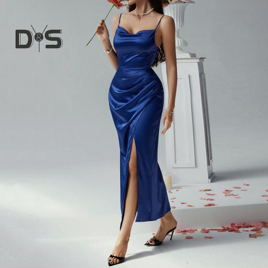 Dámské saténové bodycon šaty s špagetovými ramínky, bočními slipy, dlouhé šaty s kapucí, sexy klubové midi šaty pro večerní příležitosti, narozeninové oslavy, svatby
