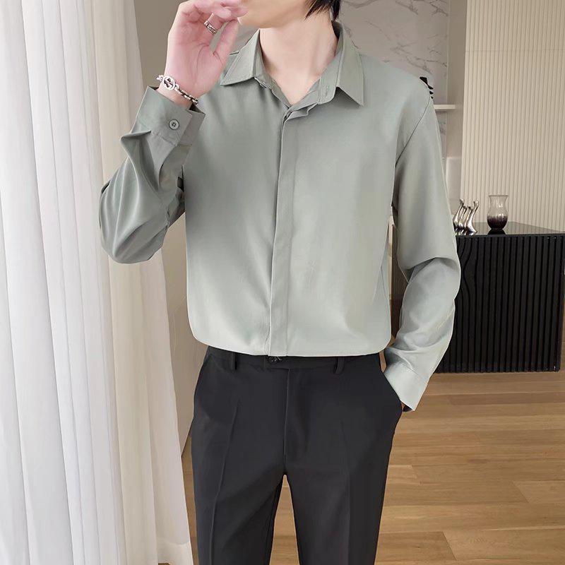 

2022 Spring Men s Fashion Casual Long Sleeve Solid Color Shirt - Light Mature Style L світло-зелений колір