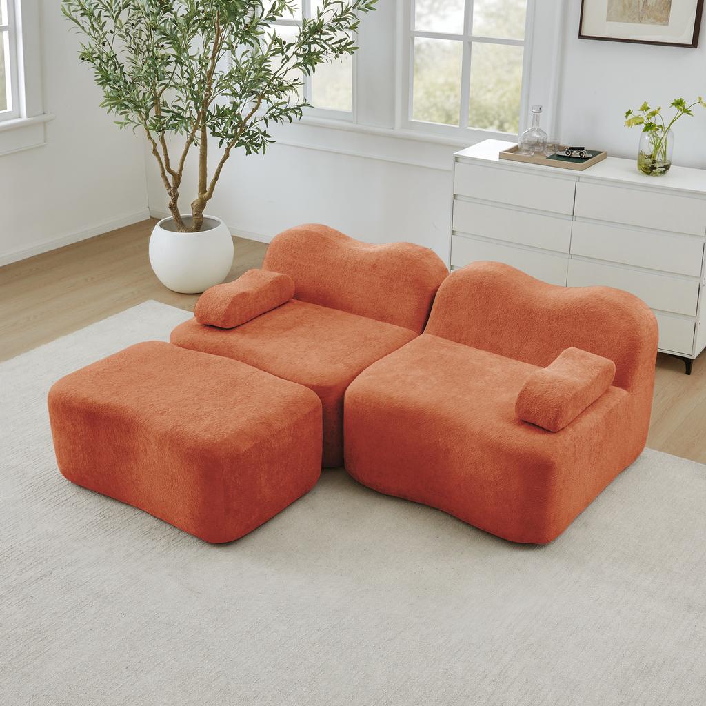 2-Seater L-Shaped Modular Boneless Sofa with 1 Ottoman, Wave Shape, Movable Armrest Cushion, for Living Room & Apartment, No Assembly Required, Orange
