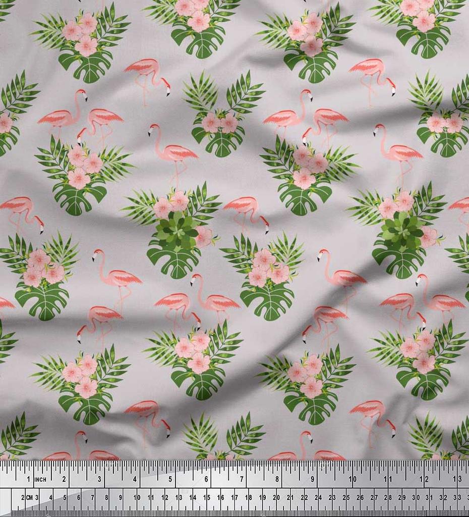 Soimoi Japan Crepe Satin Fabric Tropical Leaves,Floral & Flamingo Bird Print Fabric by the metre 42 Inch