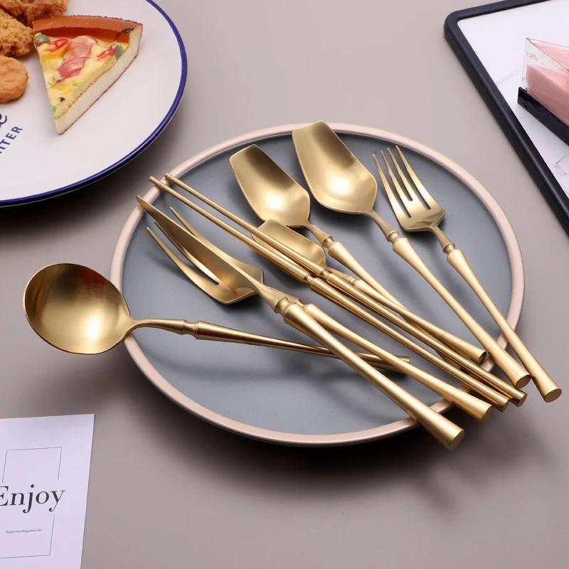 Matte Gold 18/10 Stainless Steel Luxury Cutlery Dinnerware Tableware Knife Spoon Fork Chopsticks Flatware Set Dishwasher Safe