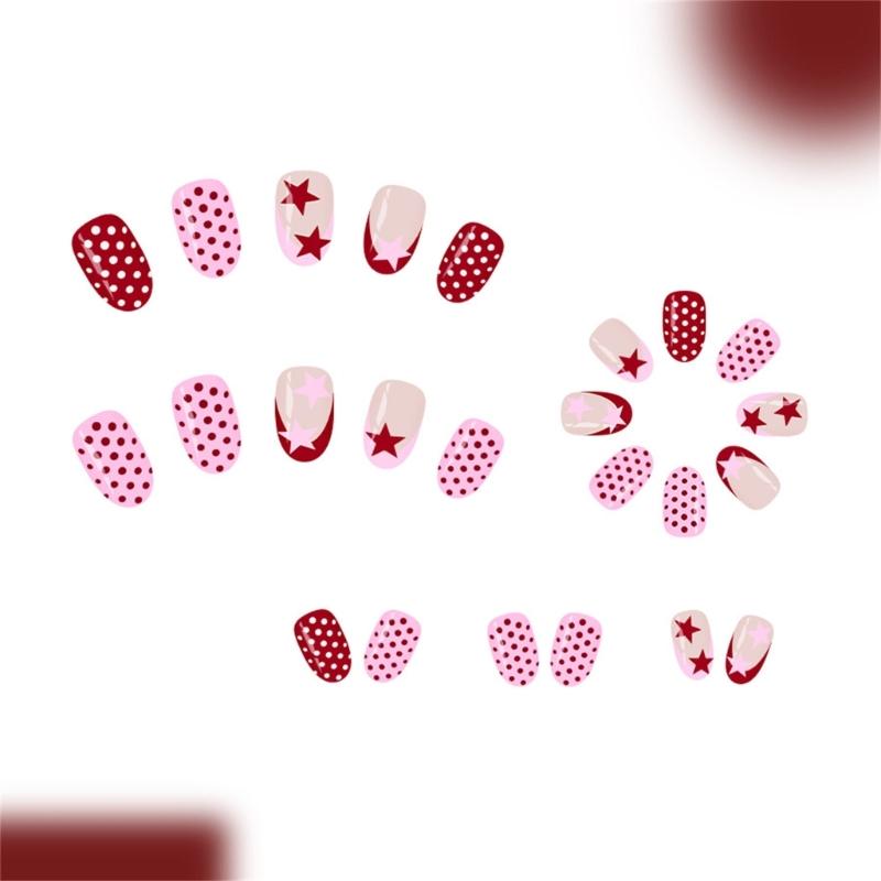 24Pieces Elegant French Tip Presses On Nail Glossy Oval Short Shape Red Pink Polkas Dots Design