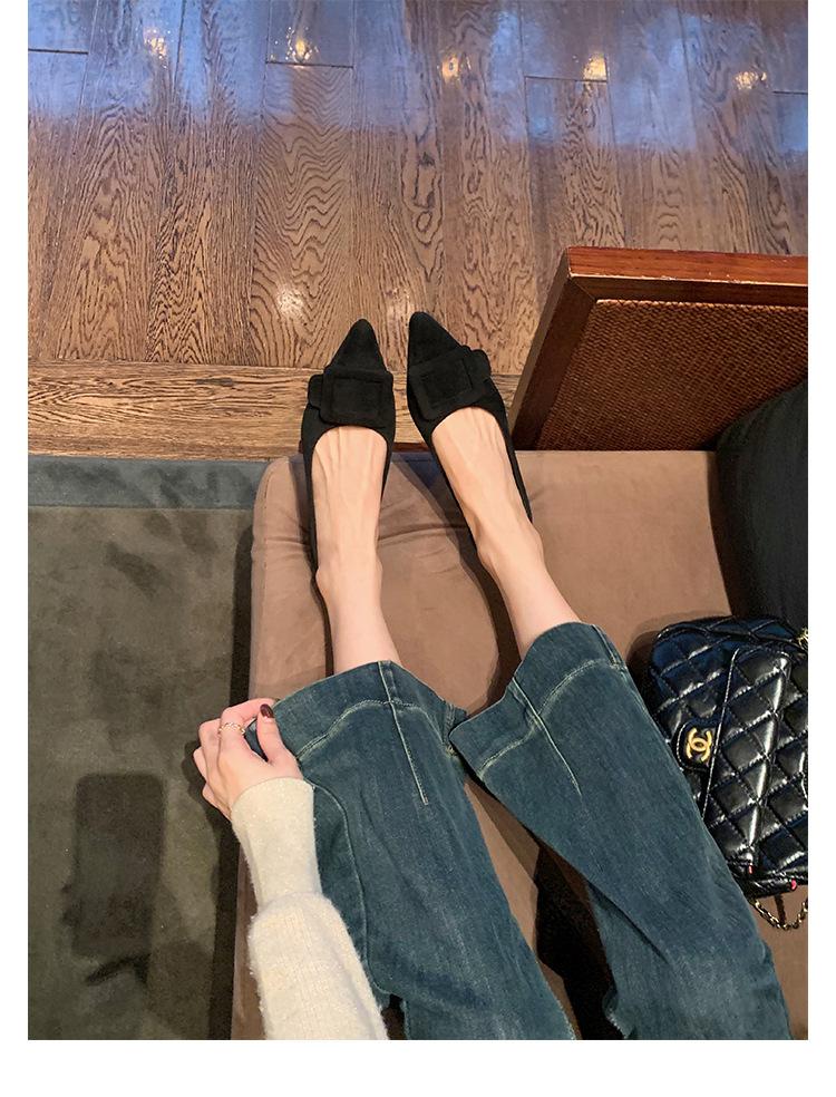 Schafsleder-Version~ Französische quadratische Schnalle Leder weiche Sohle Mary Jane Einzelschuhe Damen schöne kleine Absätze flache spitze Schuhe Damenschuhe