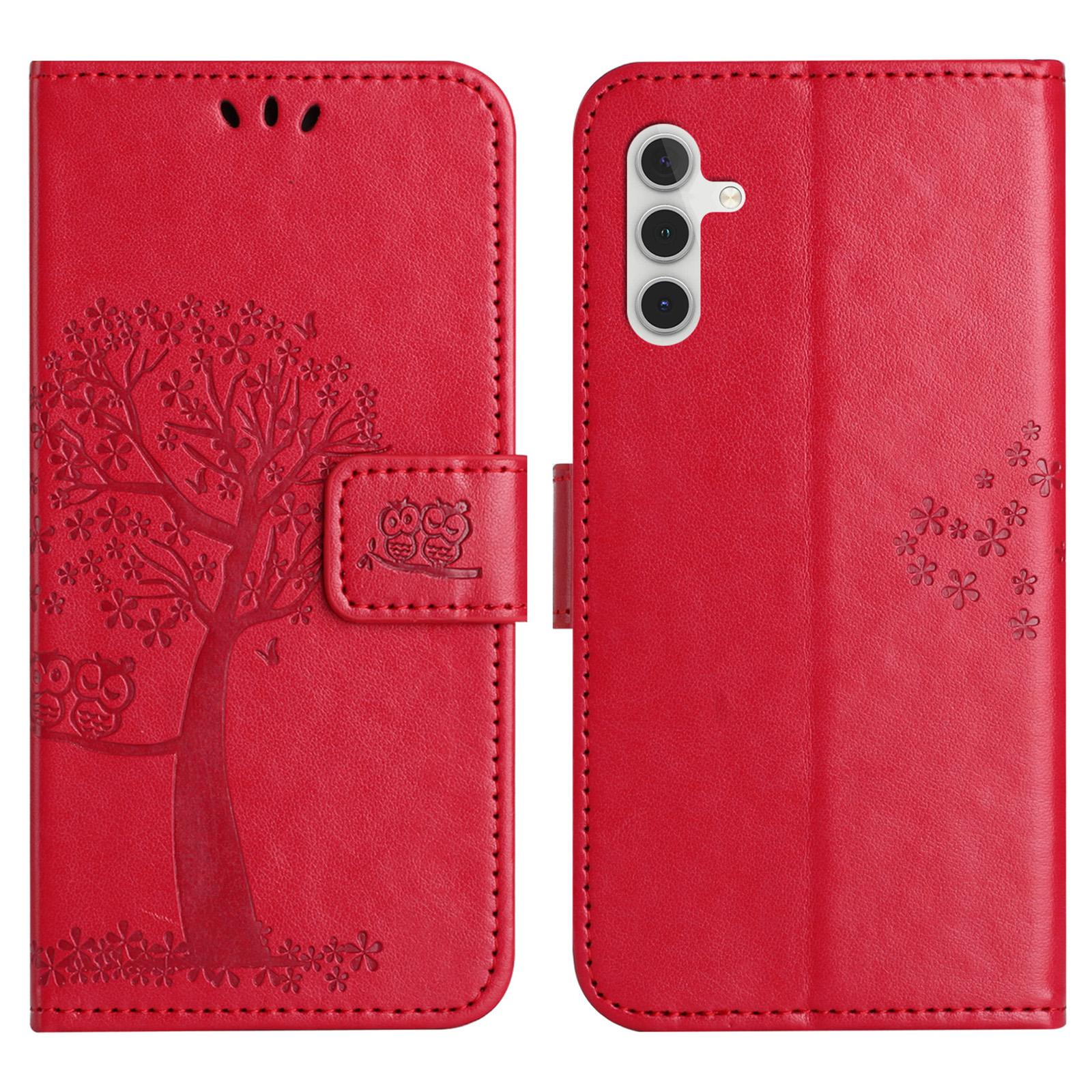 

For Samsung Galaxy A36 5G Case PU Leather Owl Tree Imprinted Wallet Phone Cover Red