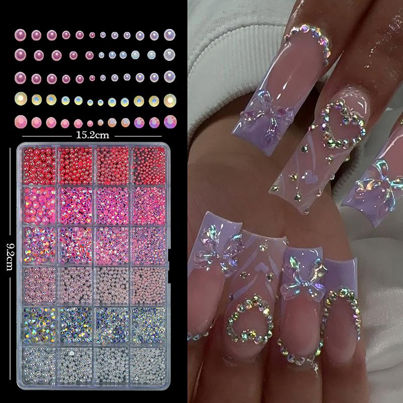 24 Grids, Mixed Nail Decoration Accessories, Rhinestones, Pearls, Beads, Bowknot, Nail Art Jewelry, DIY Tools