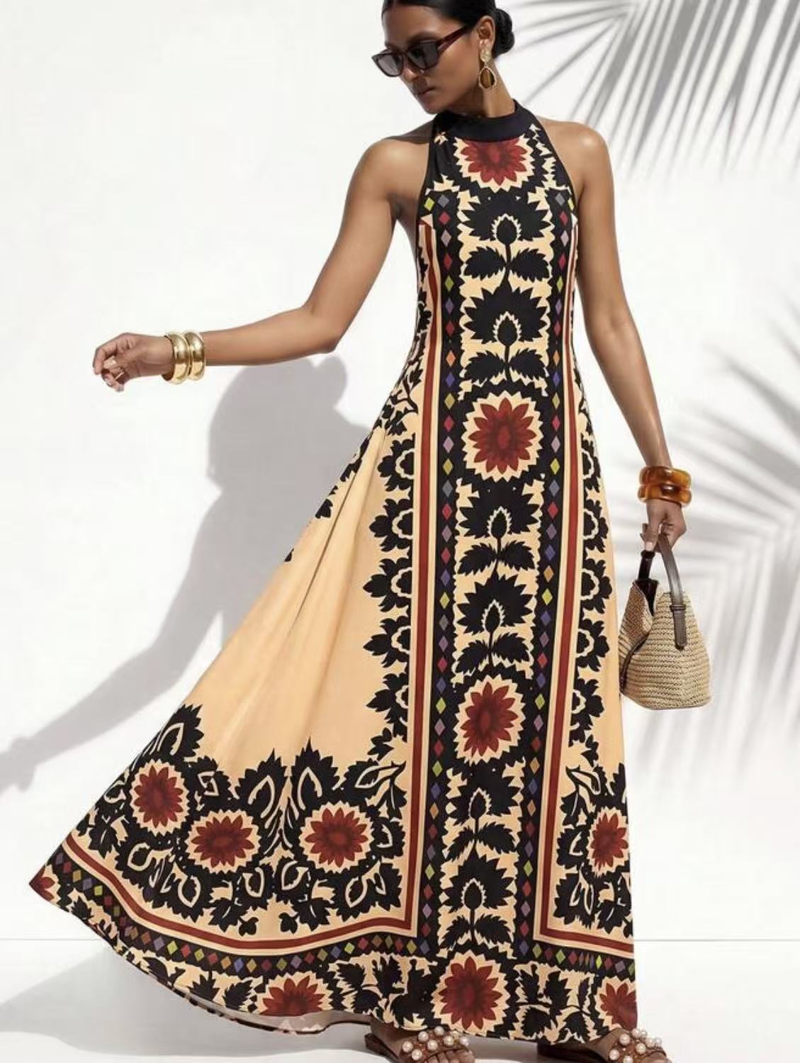 2026 summer new fashion sleeveless elegant printed neck dress S