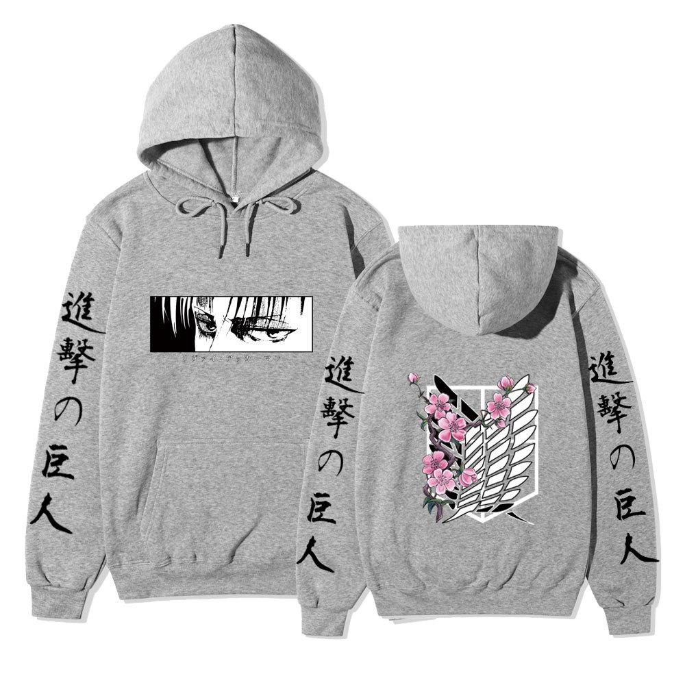 Attack on Titan Levi Ackerman Hoodie, Wings of Freedom Cherry Blossom Printed Pullover Hooded Sweatshirt Casual Long Sleeve Hoodie